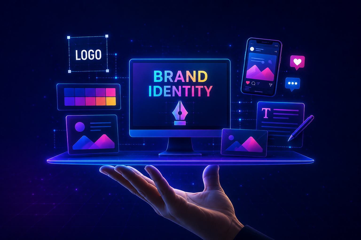 Brand identity design — logo, color palette, and social media content mockups